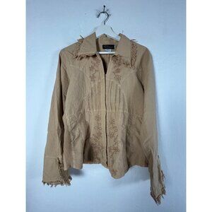 G. Designs Natural Fashions Women's Embroidered Button Down Shirt XL Fringe Tan